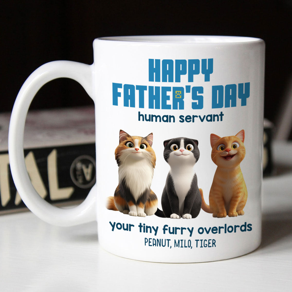 Happy Father's Day Human Servant Personalized Mug, Cute Cartoon Cats, Unique Father's Day Gift for Cat Dads