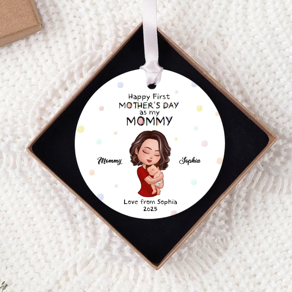Happy First Mother's Day Mom Grandma Hugging Kid Crayon Patterned Personalized Circle Ceramic Ornament