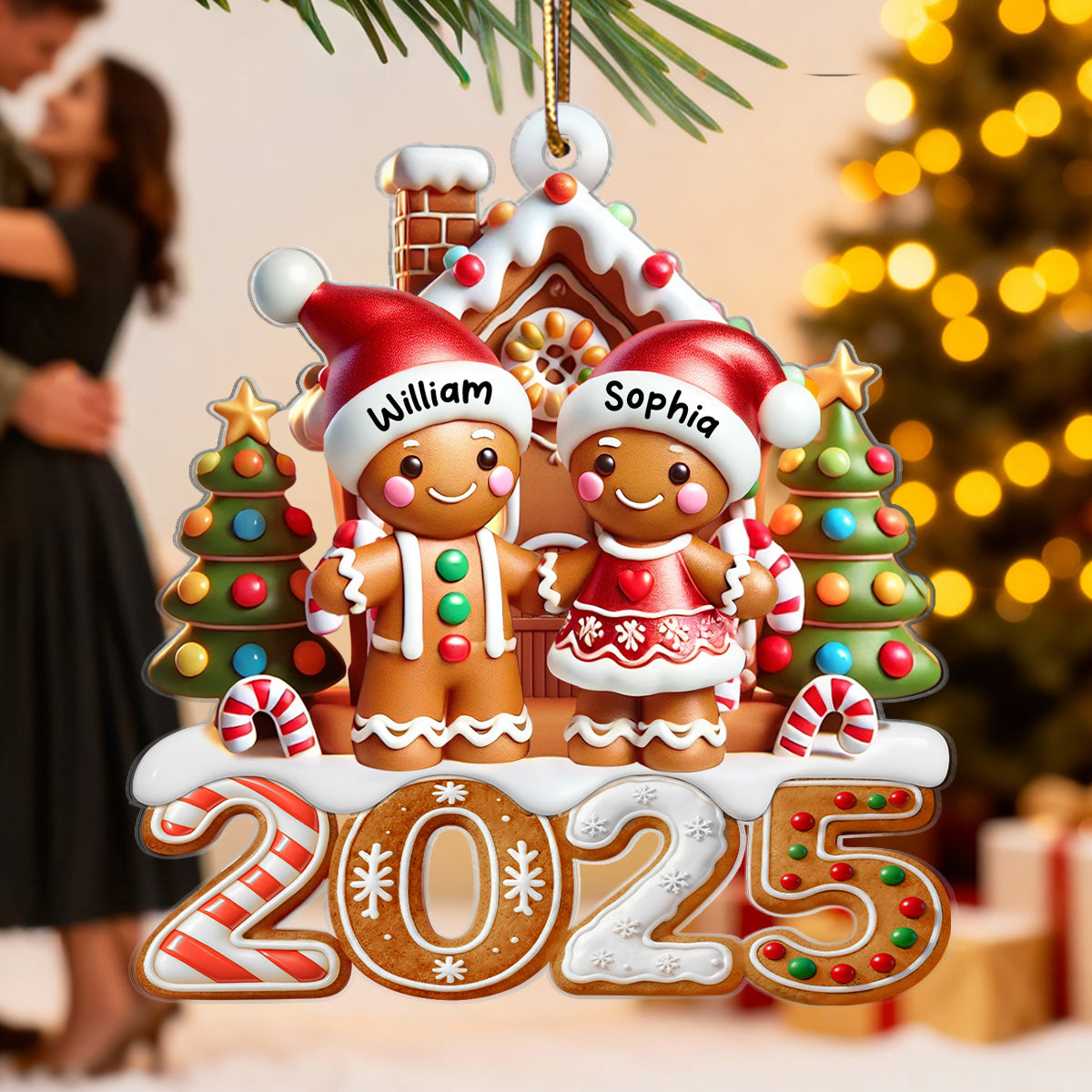 3D Effect 2025 Gingerbread Family With Gingerbread House - Personalized Acrylic Ornament