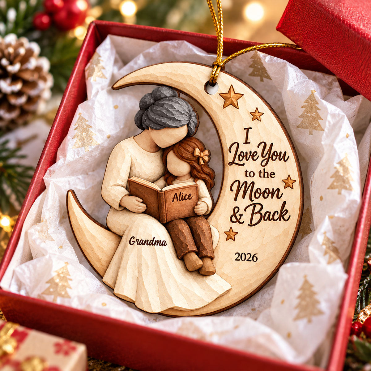 Grandma Grandkid Reading On Moon 2D Flat Printed - Personalized Wooden Ornament - Christmas Gift For Grandkid, Grandson, Granddaughter