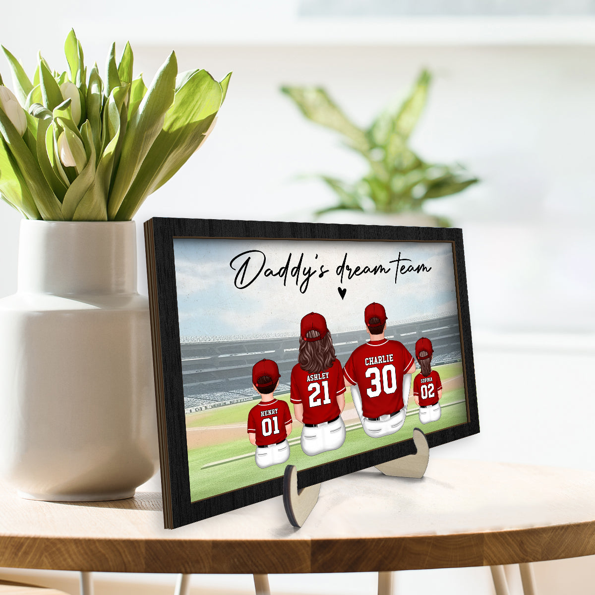 Daddy's Team Baseball Family Sitting Personalized 2-Layer Wooden Plaque, Father's Day Gift For Dad, Grandpa, Husband