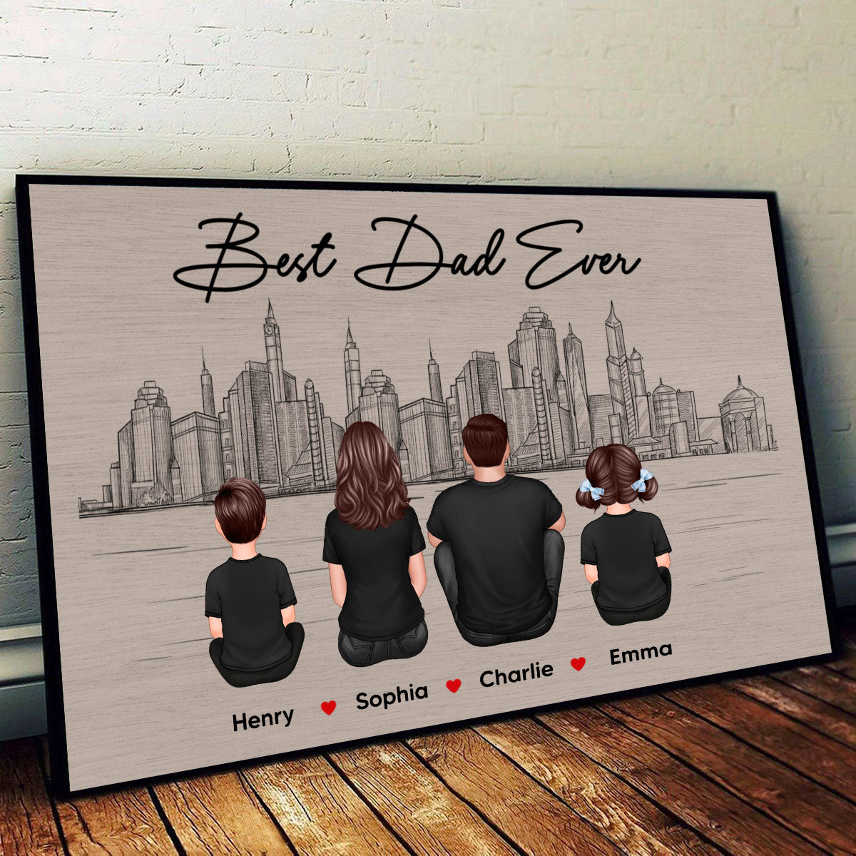 Skyline Family Sitting Back View Personalize Poster, Father's Day gift for Husband, for Dad, for Grandpa