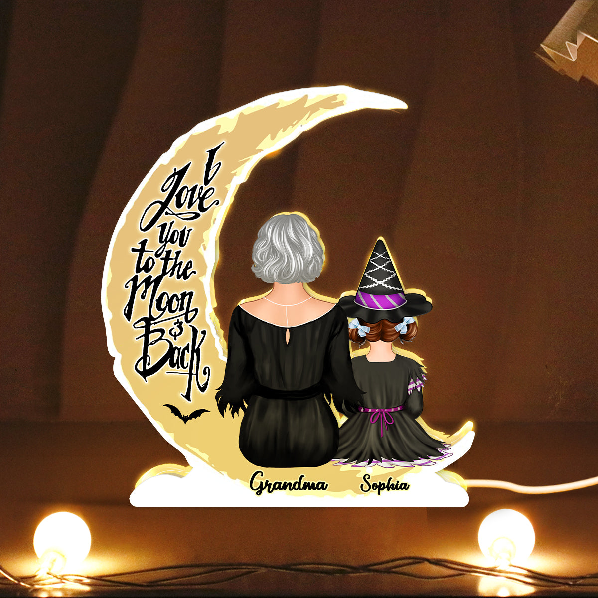 Grandma Grandkids On Moon Back View Halloween Personalized Light Box, Halloween Indoor Decor for Grandma