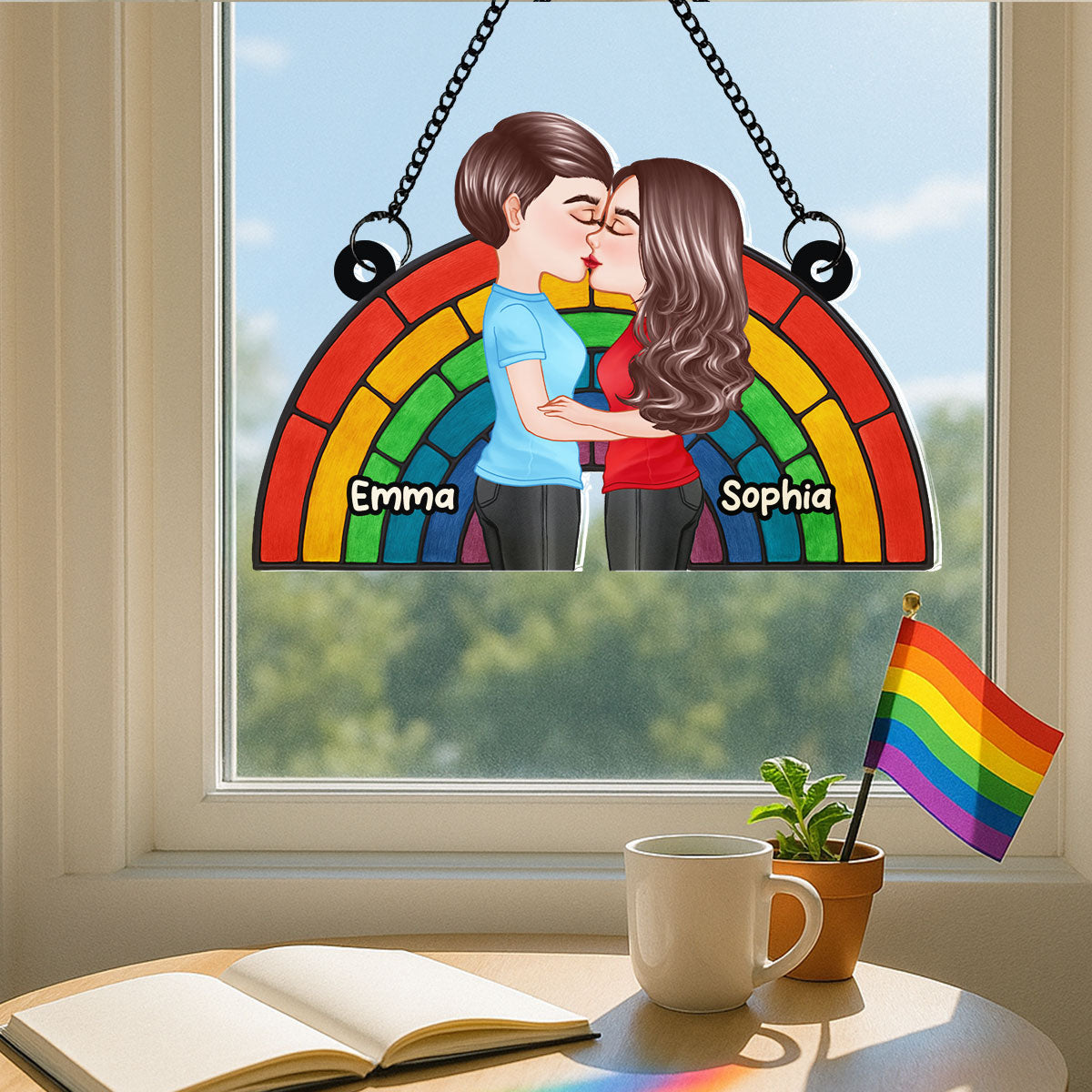 LGBT Flag Rainbow Couple Kissing Personalized Suncatcher