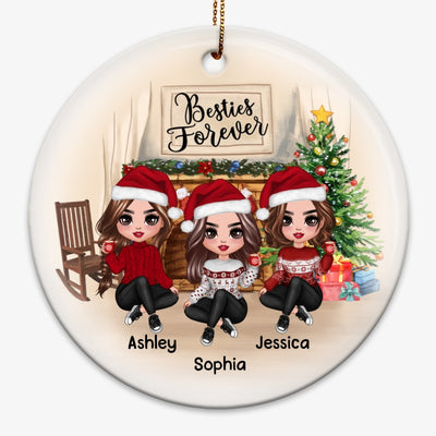Doll Besties Sitting At Christmas Fireplace Personalized Circle Ornament