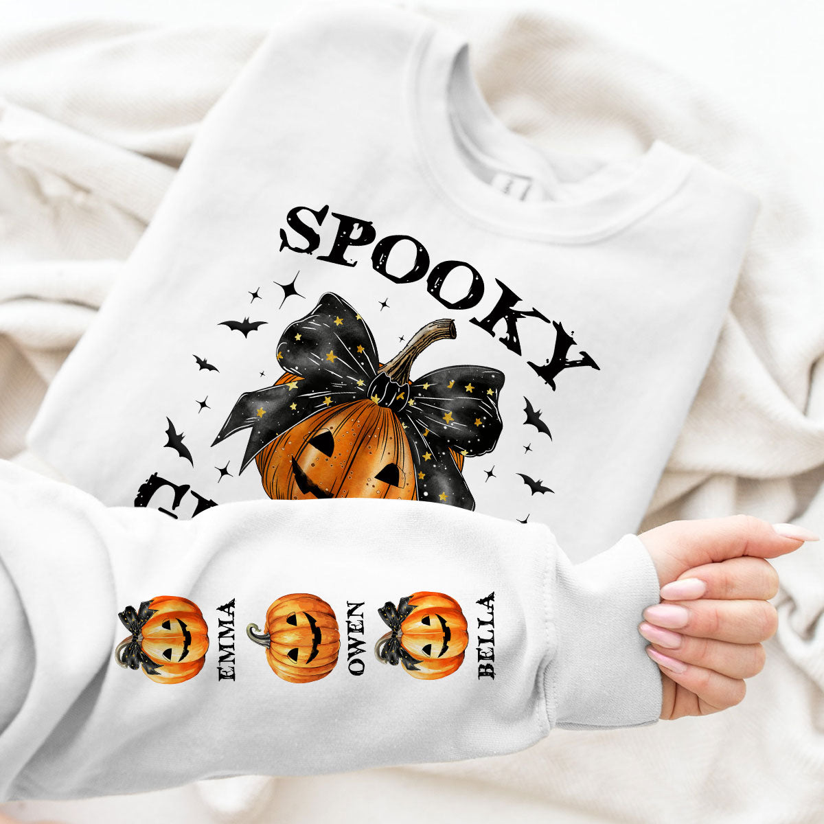 Spooky Grandma Mom Halloween Pumpkin Personalized Sleeve Printed Sweatshirt