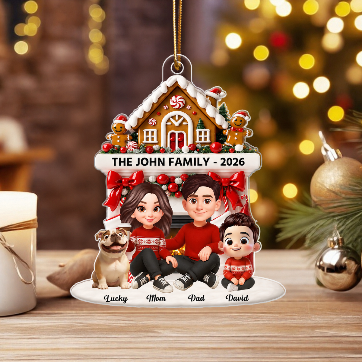 Family Sitting by the Fireplace Personalized Acrylic Ornament - Christmas Gift for Mom, Dad, Children