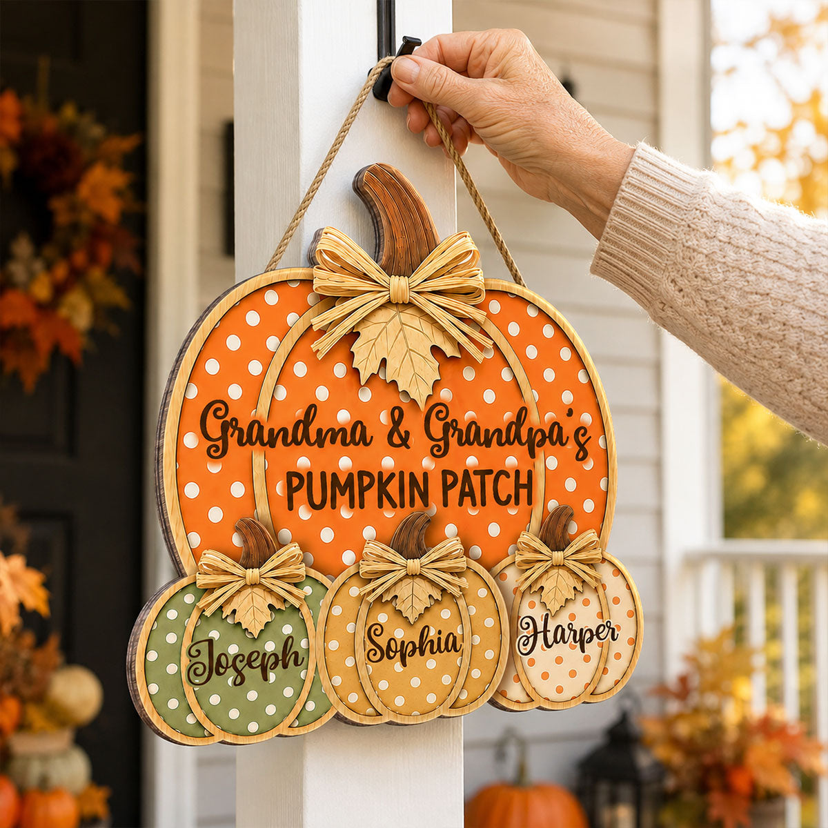 Grandma & Grandpa's Pumpkin Patch Polka Dot 2D Flat Printed - Personalized Door Hanger - Fall Season Decor For Grandparents