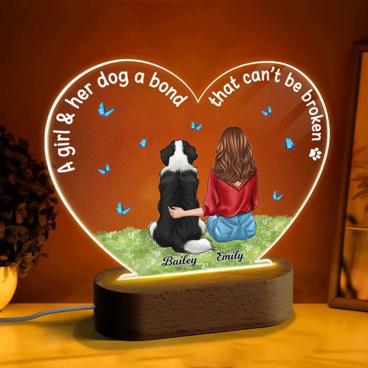 A Girl And Her Dog Bond Personalized Heart Acrylic Plaque LED Lamp Night Light