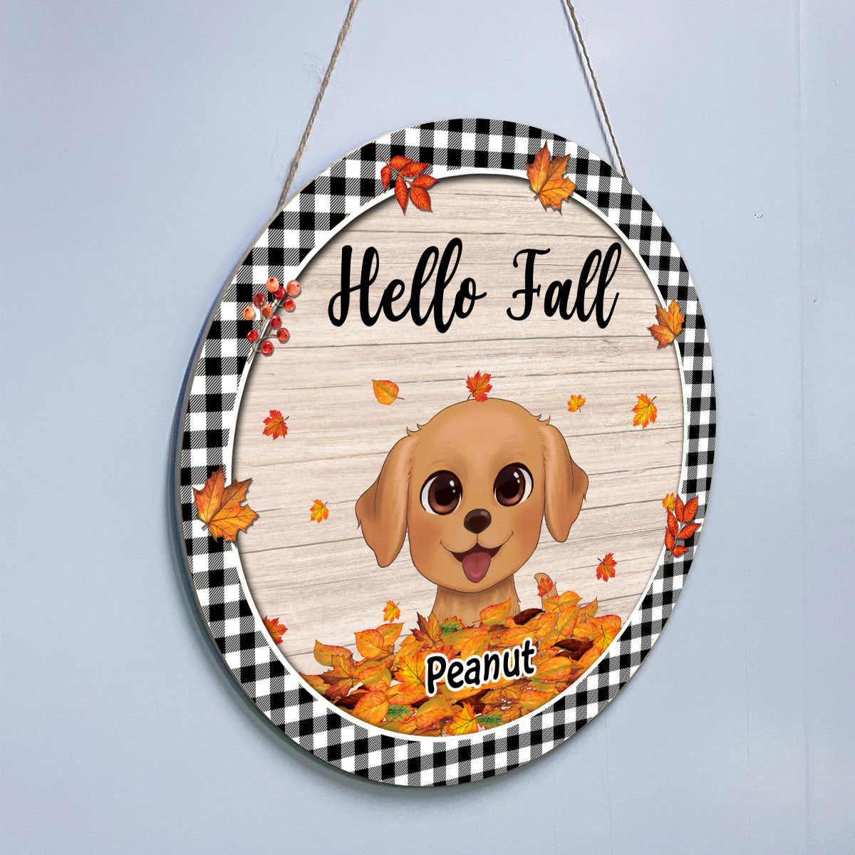 Fall Season Watercolor Cute Dogs Playing With Autumn Leaves Pile Personalized Door Hanger Sign