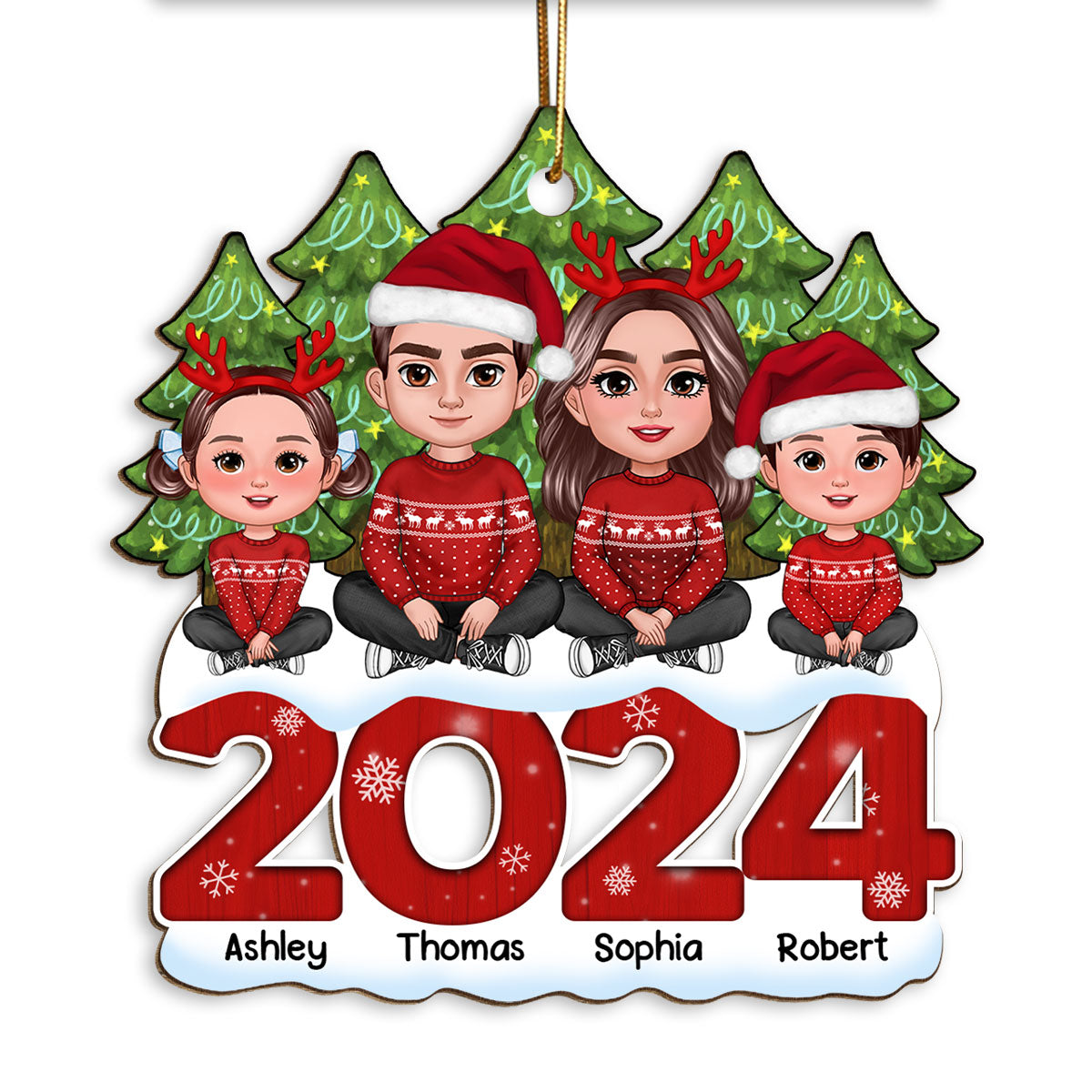 Family Sitting On 2024 Christmas Tree Line Personalized Wooden Ornament