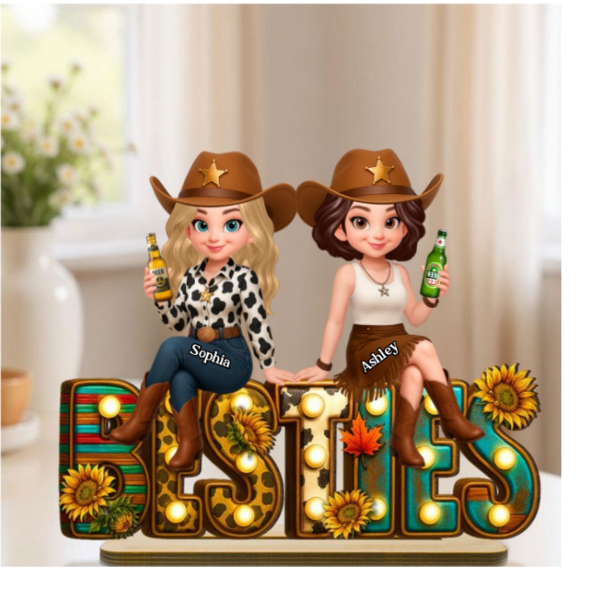 Leopard Marquee Western Besties Personalized Wooden Plaque - Fall Gift for Best Friends