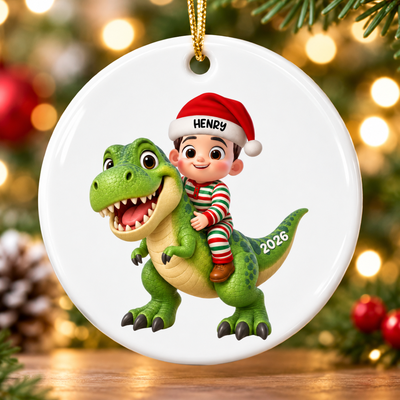 Trending Kid With Dinosaur Design For Boy Girl - Personalized Circle Ornament - Christmas Gift For Grandkids