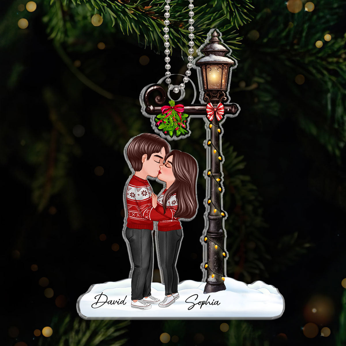 Couple Kissing Under Mistletoe Lamp Post Christmas Decor Personalized Acrylic Ornament