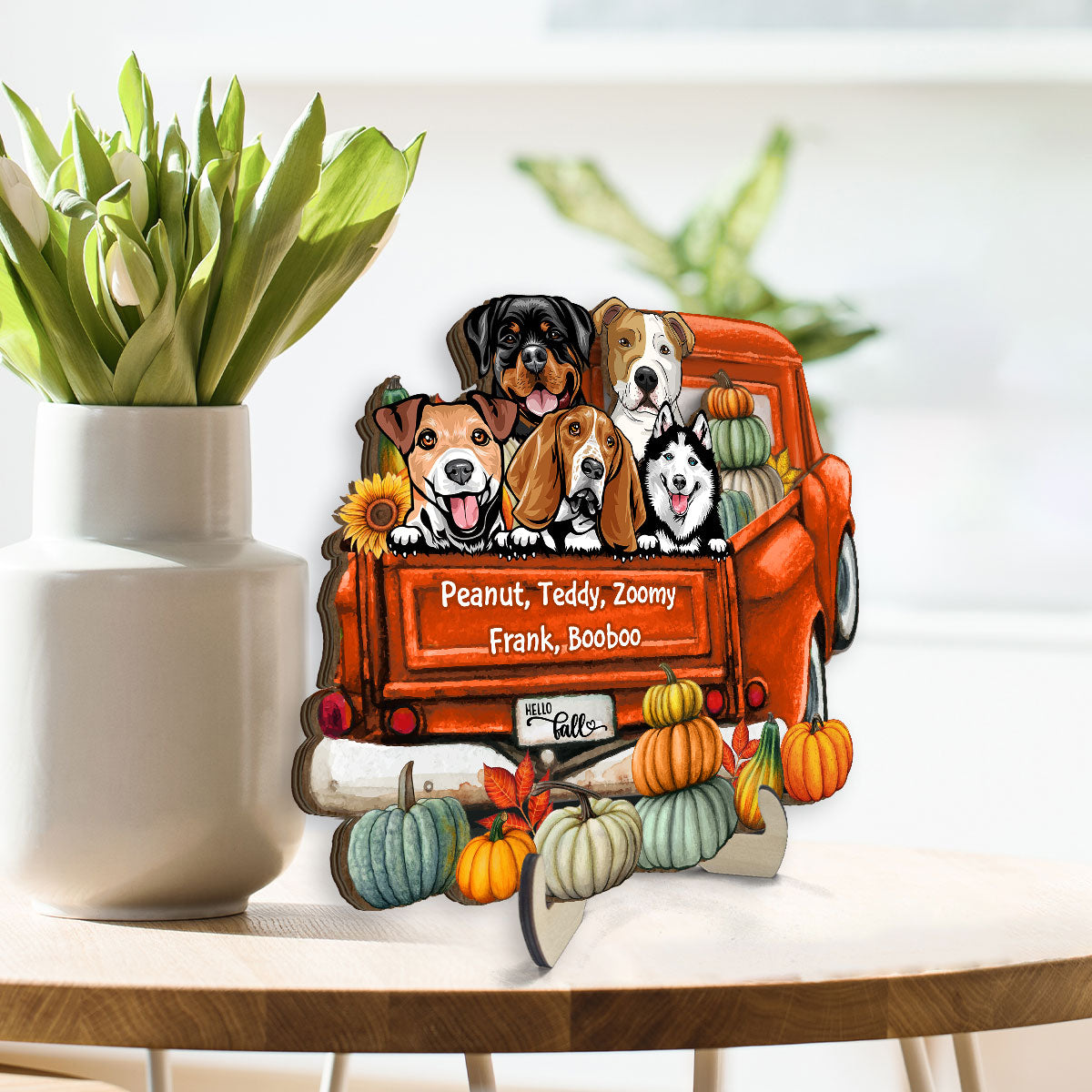 Hello Fall Dogs On Truck Personalized 2-Layered Wooden Plaque
