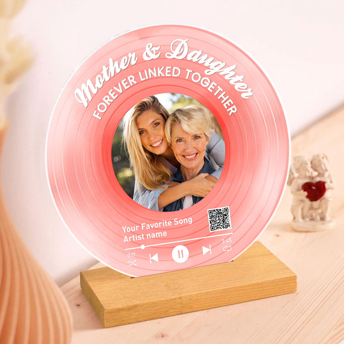 Mother Daughter Forever Linked Together Personalized Vinyl Record with Photo, Acrylic Song Plaque, Gift for Mom