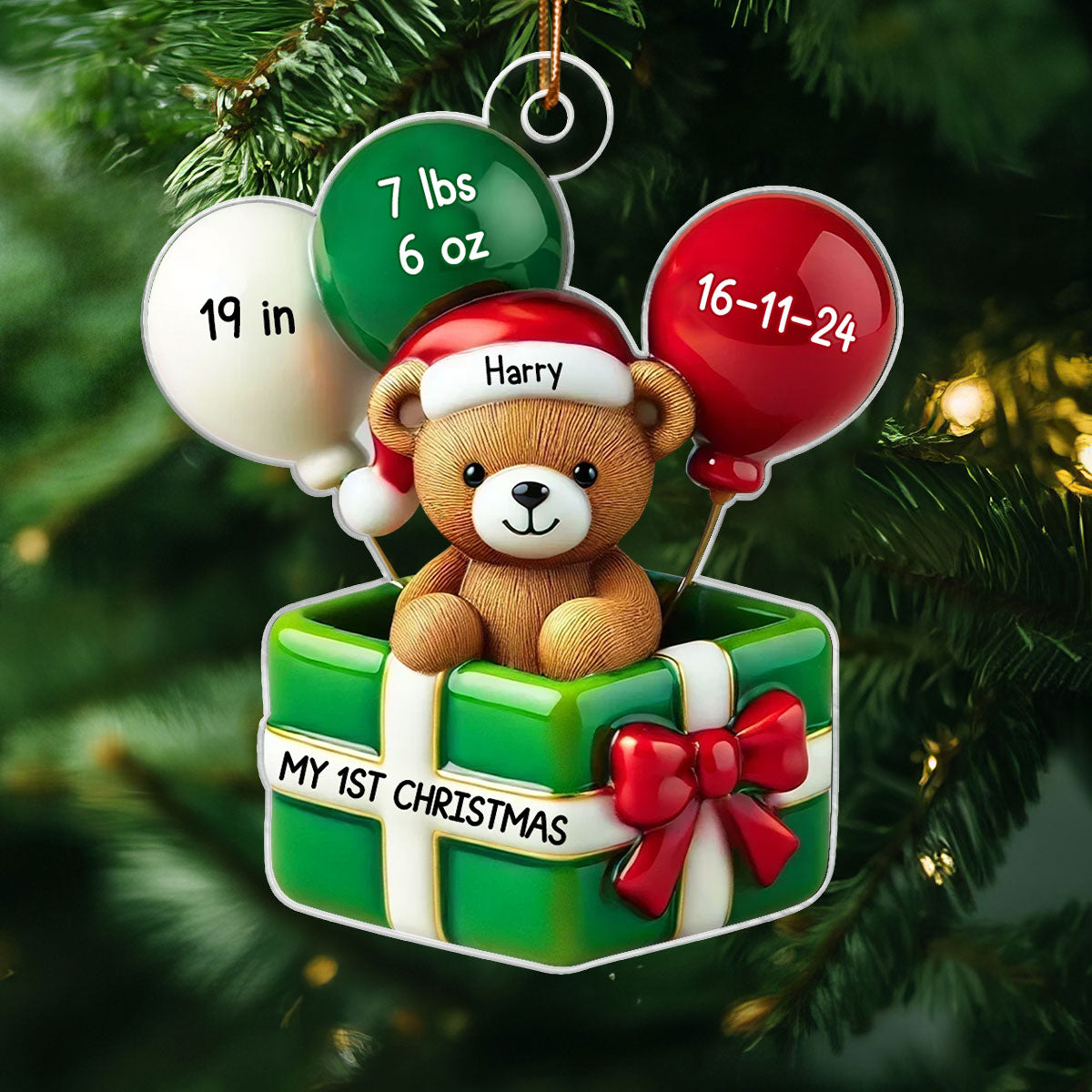 3D Effect Teddy Bear Baby First Christmas Personalized Acrylic Ornament, Newborn Christmas Gift