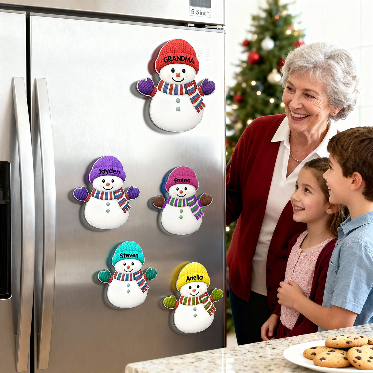 Christmas Grandma Grandpa And Grandkids Snowman Together - Personalized Acrylic Fridge Magnet