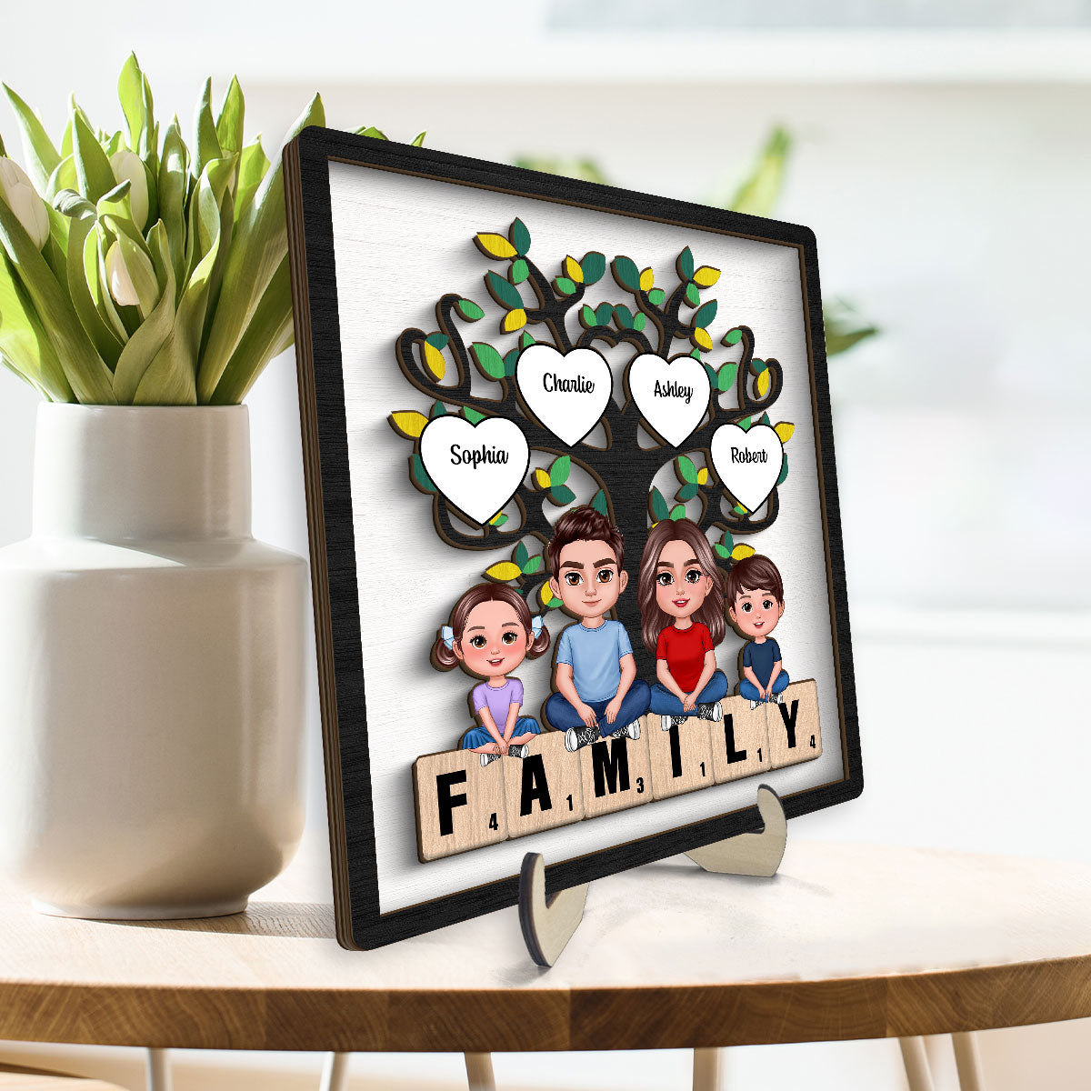 Family Crossed  Legs Under Tree On Text Personalized 2-layer Wooden Plaque