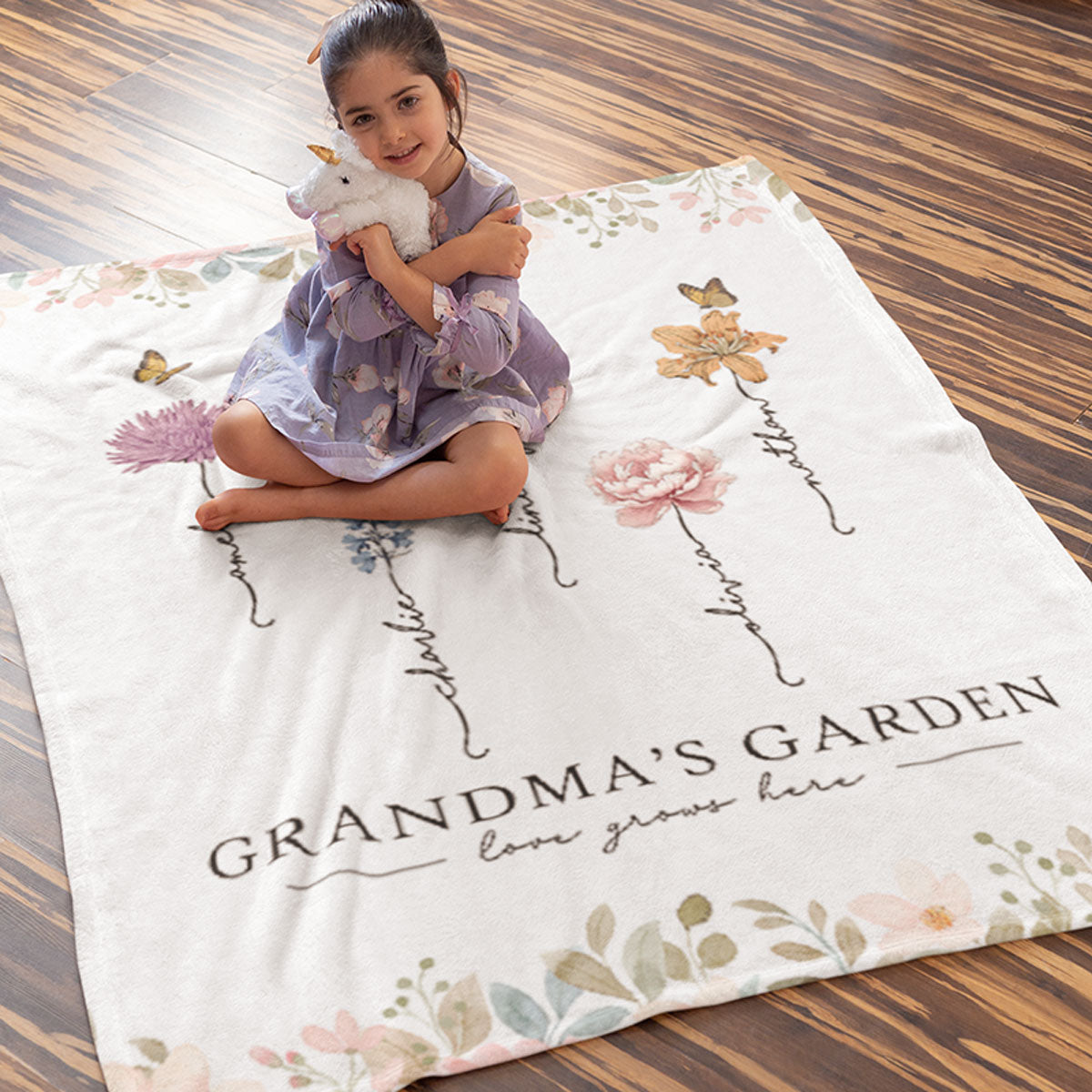 Grandma‘s Garden Love Grows Here Beautiful Birth Month Flower Gift For Grandma Mom Personalized Fleece Blanket