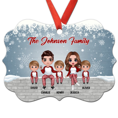 Doll Family Sitting On Snow Wall Personalized Christmas Ornament