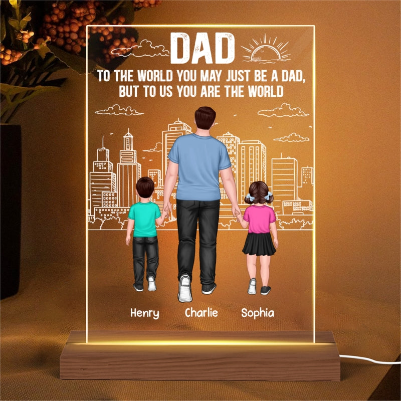 Back View Dad & Kids Walking Street Line Background Personalized Rectangle Acrylic Plaque With LED Night Light