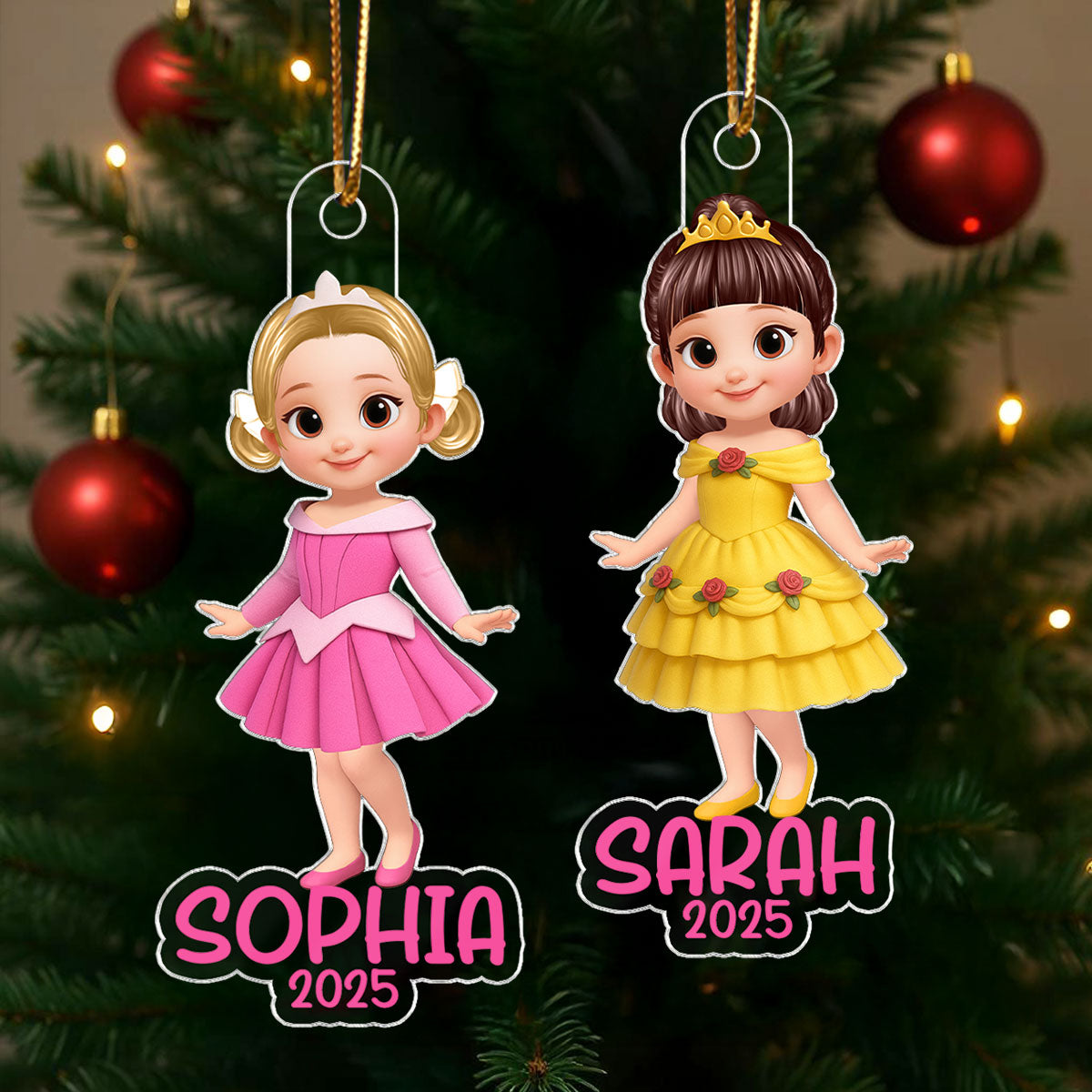 3D Effect Princess Personalized Acrylic Ornament, Christmas Gift for Kid Girls