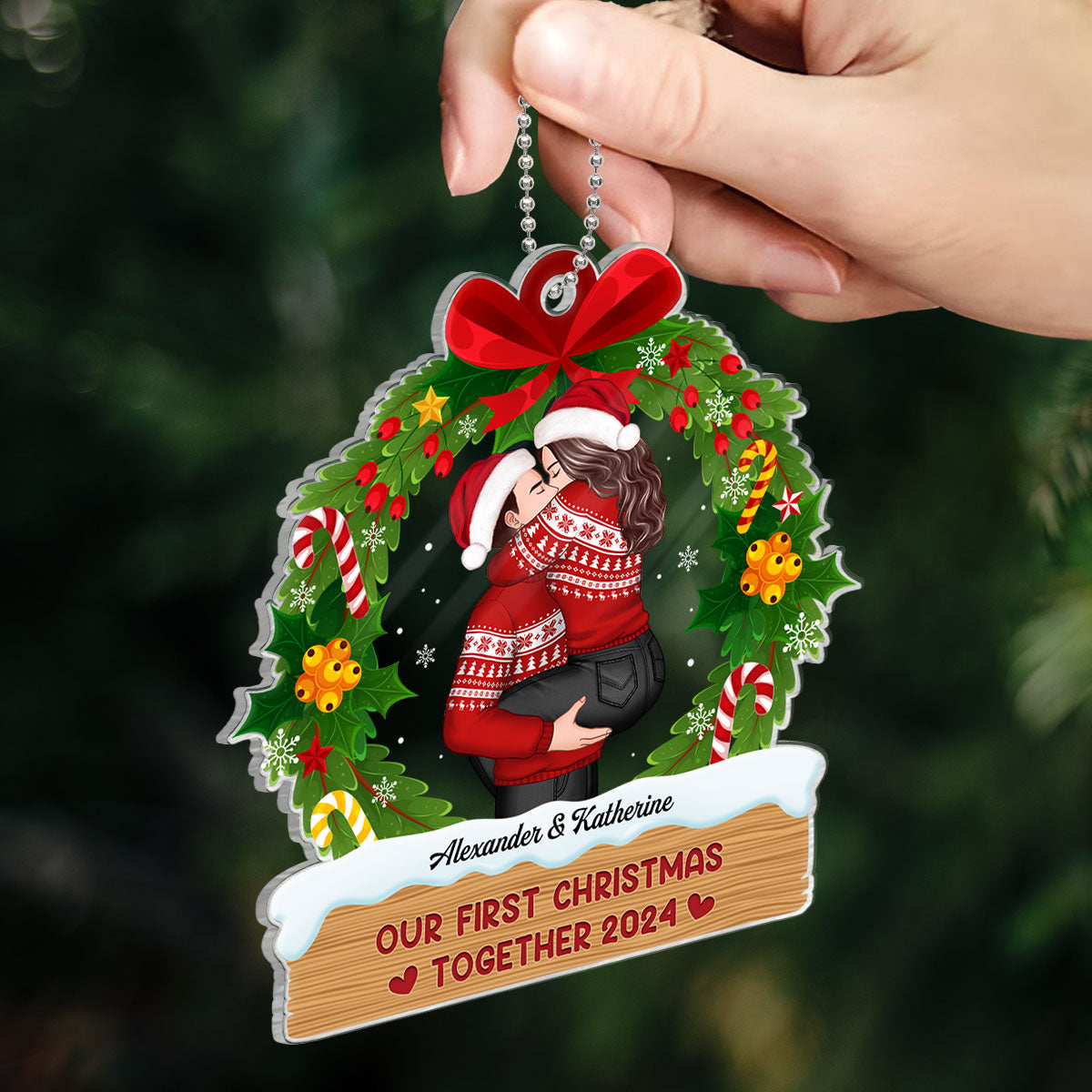 Hugging Kissing Couple Christmas Wreath Personalized Acrylic Ornament, Christmas Gift For Him For Her