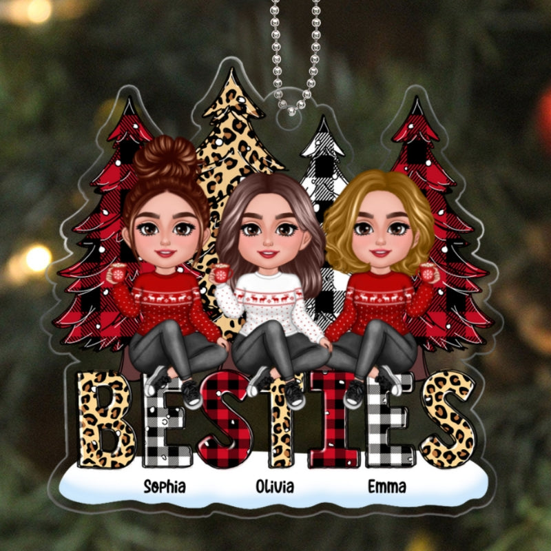 Doll Besties Sisters Sitting On Leopard Checkered Pattern Christmas Tree Personalized Acrylic Ornament