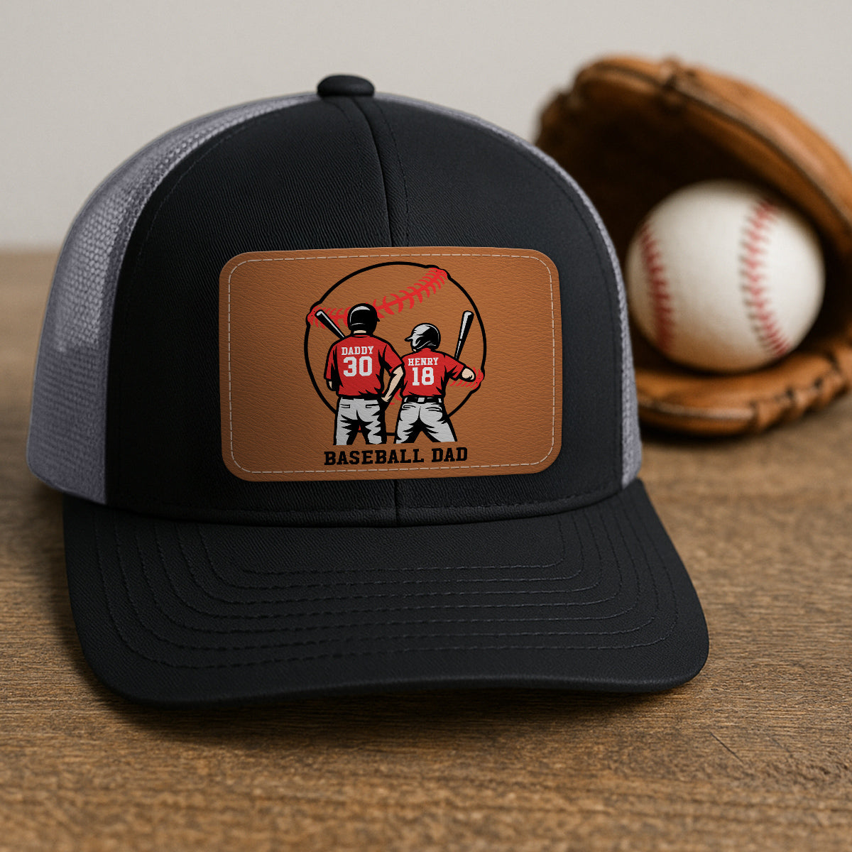 Baseball Dad And Kids Back View Silhoutte Personalized Leather Pacth Hat, Father's Day gift