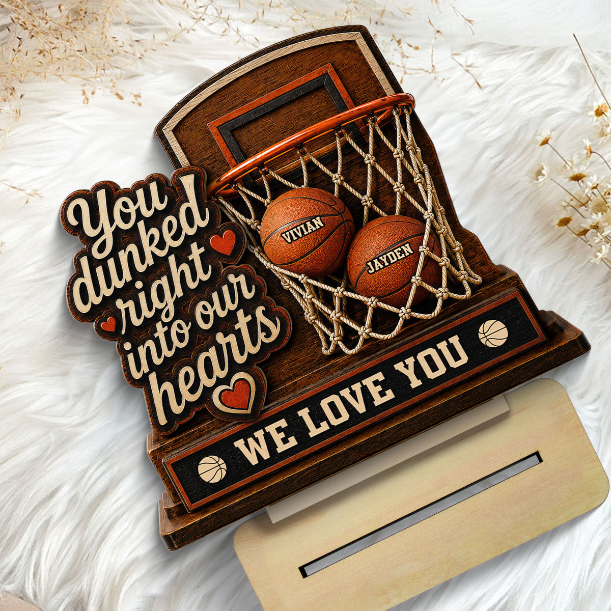 You Dunked Right Into Our Hearts Custom Name 2D Flat - Personalized 2-Layered Wooden Plaque - Father's Day Gift For Basketball Dad
