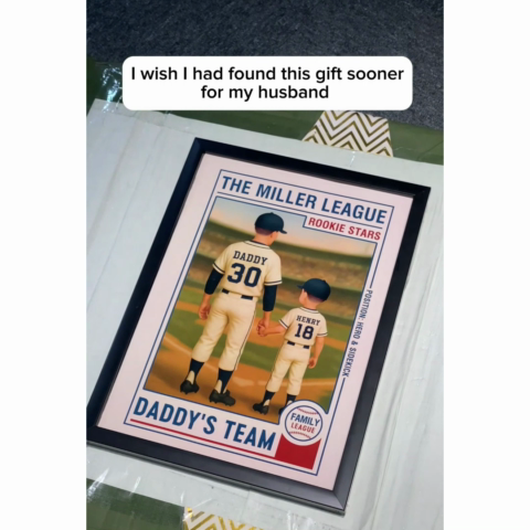 Family League Daddy's Team No. 1 Dad Man & Kids Baseball Retro Personalized Poster, Father's Day Gift for Dad, Gift for Husband