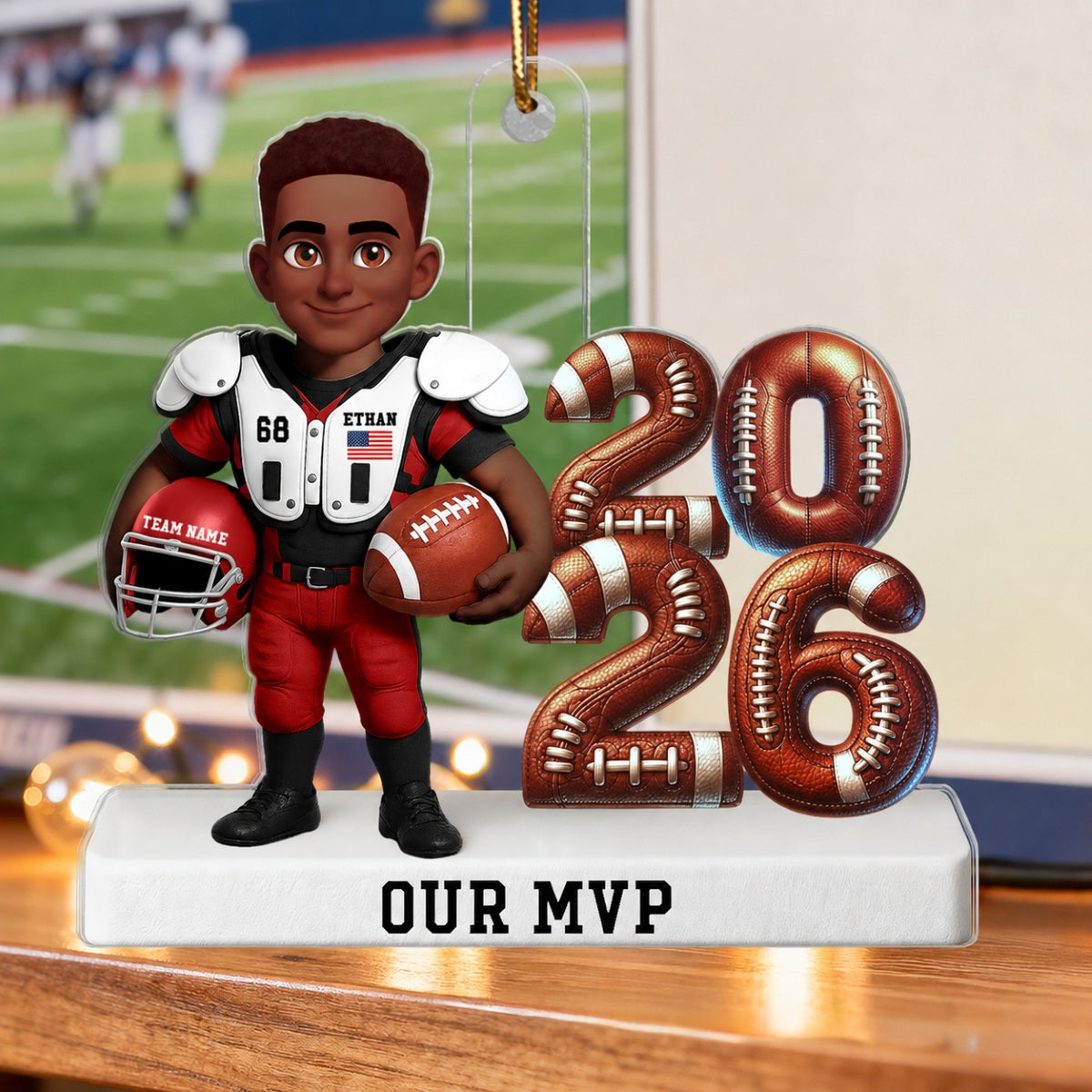 Proud American Football Player Standing By Year 3D Effect - Personalized Acrylic Ornament