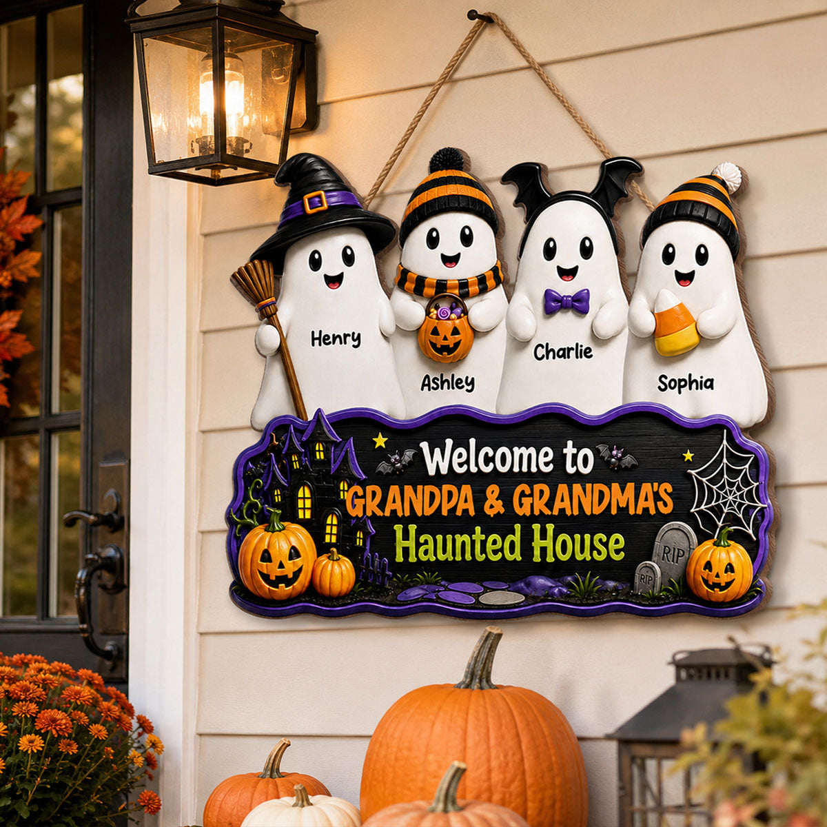 Halloween Welcome To Grandma Grandpa Haunted House Cute Boo Kids - Personalized Wood Sign - Halloween Decoration For Grandparents