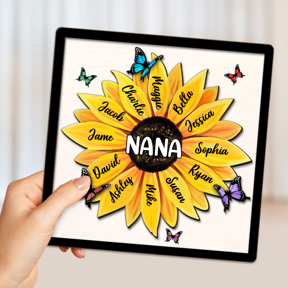 Sunflower Grandma Mom Grandkids Names Personalized 2-Layer Wooden Plaque