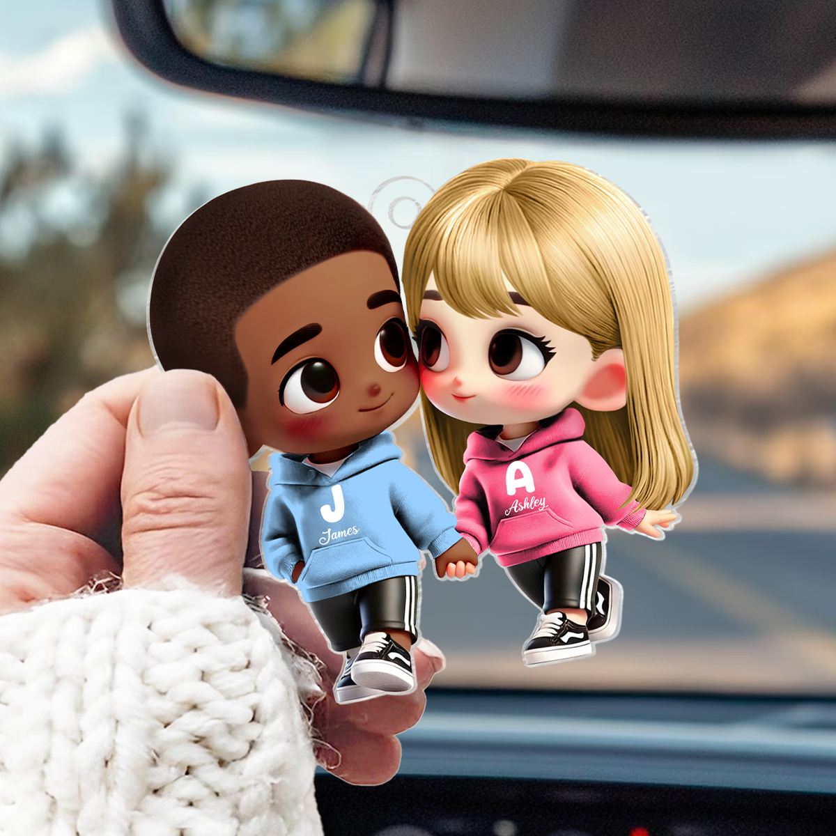 3D Effect Cute Cartoon Couple Holding Hands - Personalized Acrylic Car Hanger - Unique Valentine's Day Gift For Him, Gift For Her