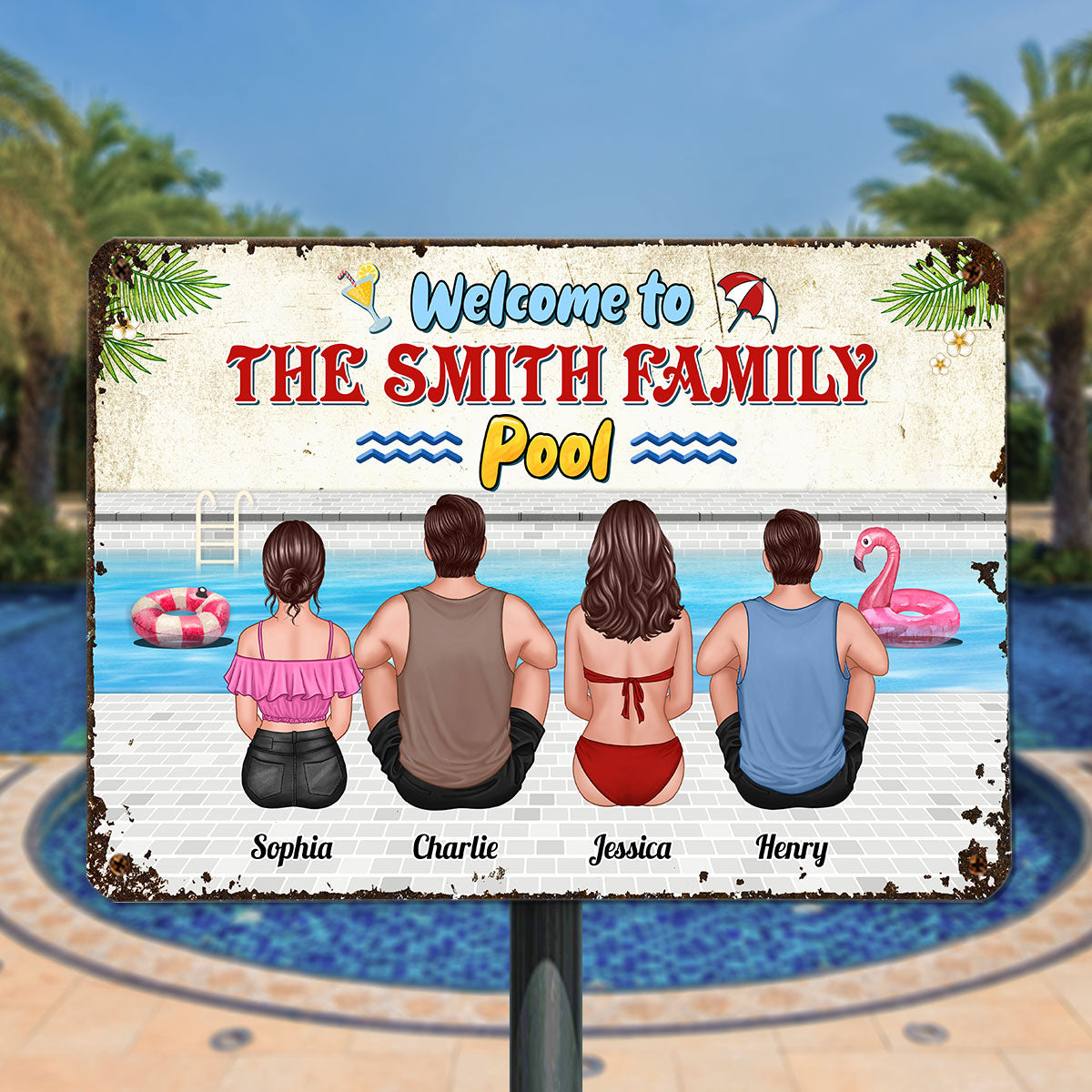 Welcome To Family Pool Sitting Back View Personalized Metal Sign