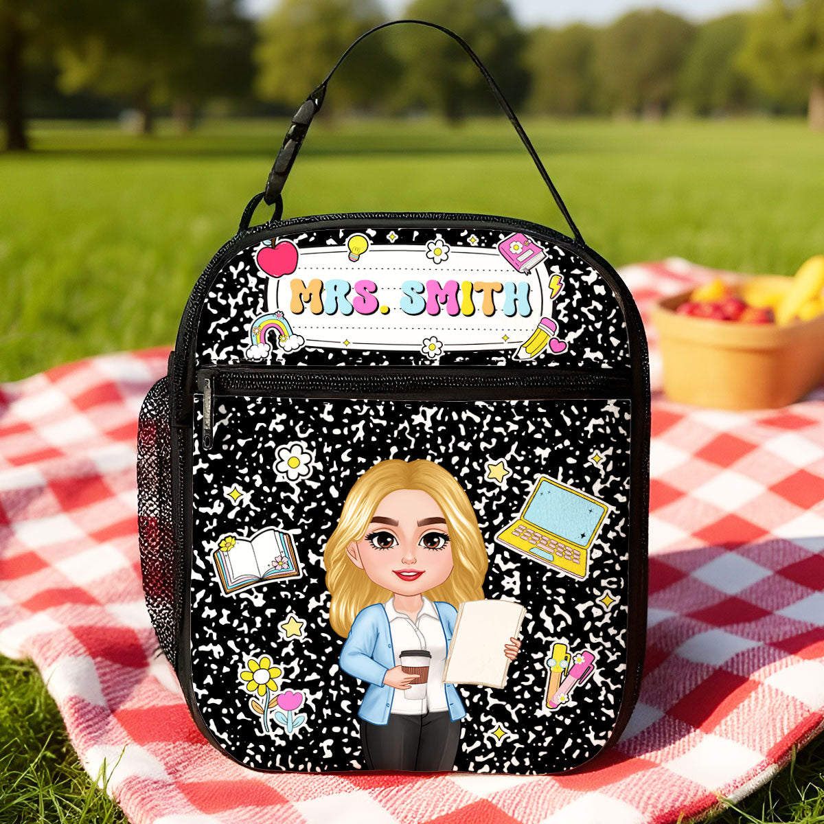 Teacher Composition Book Pattern Personalized Insulated Lunch Bag, Back To School Gift For Teacher