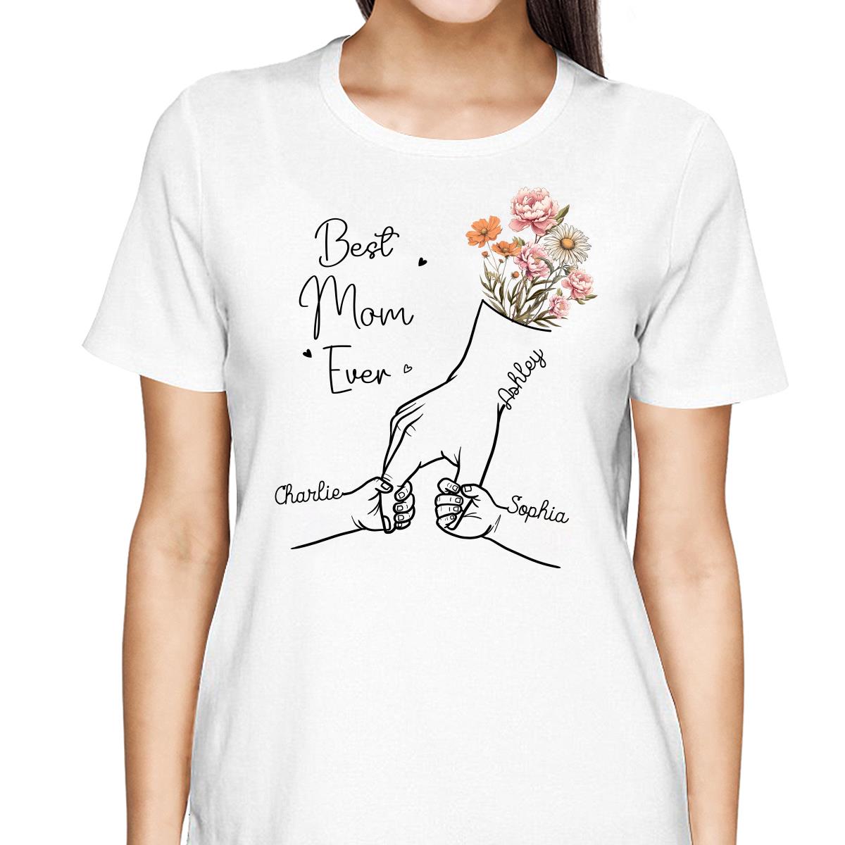 Best Mom Grandma Ever Outline Kids Holding Hand Birth Flowers Personalized Shirt