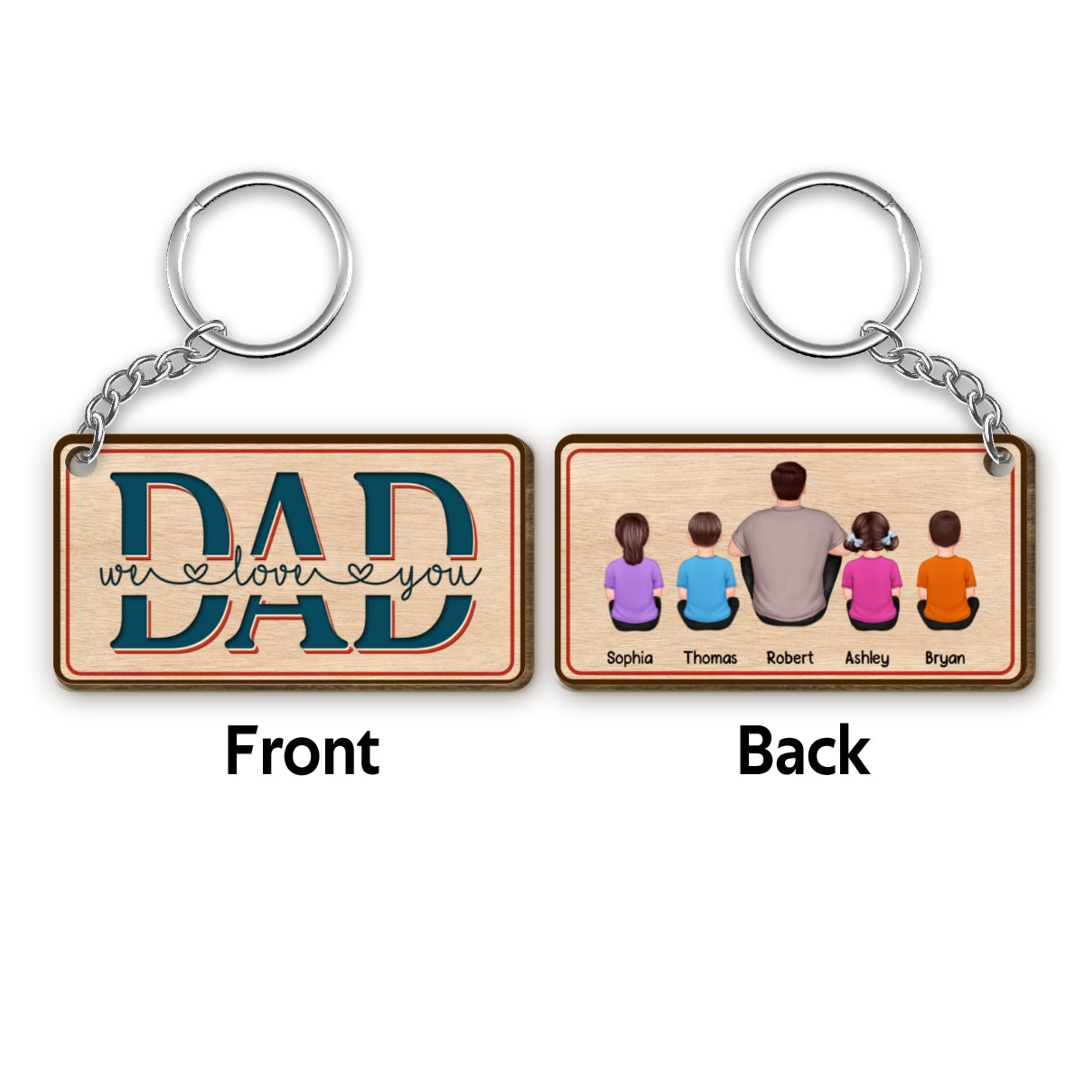 Dad We Love You Retro Red Blue Back View Man & Kids Dog Cat Personalized Wooden Keychain