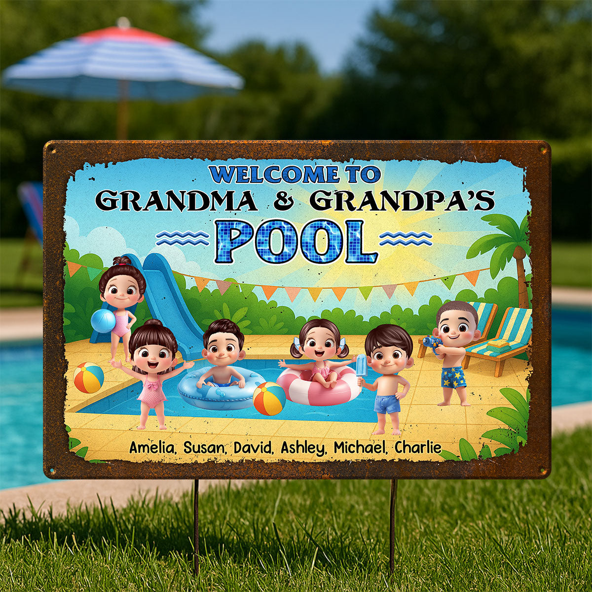Welcome to Grandma & Grandpa's Pool Personalized Metal Sign, Grandchildren Welcome Sign