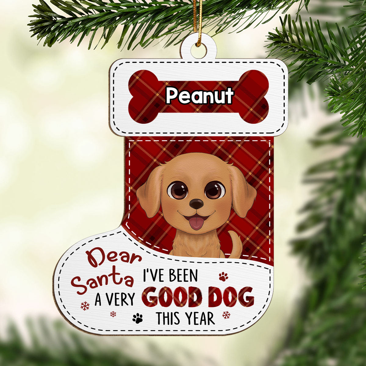 Dear Santa Watercolor Cute Dogs Stocking Shape Personalized Wooden Ornament