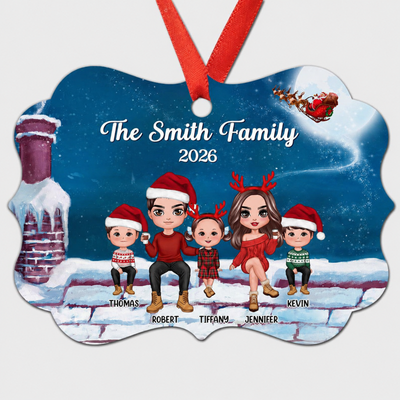 Doll Family Sitting On Rooftop Personalized Christmas Ornament