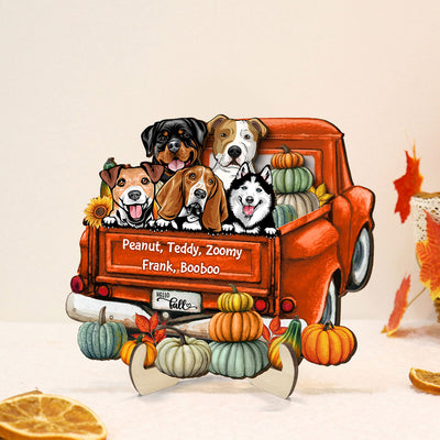 Hello Fall Dogs On Truck Personalized 2-Layered Wooden Plaque