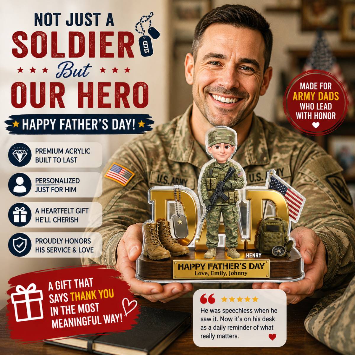 Proud American Army Military Hero Dad 2D Flat - Personalized Acrylic Block Plaque - Father's Day Gift For Dad