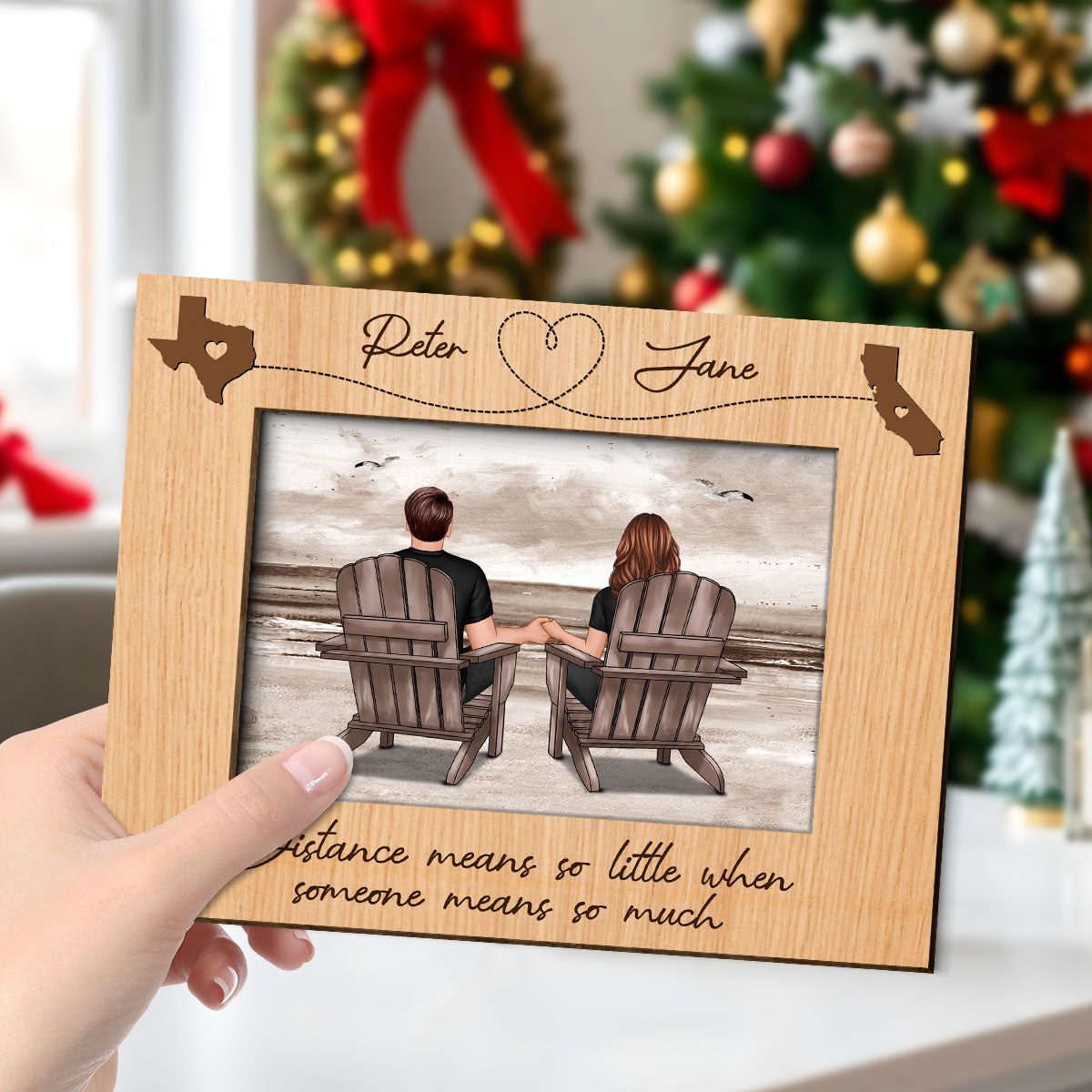 Long Distance Couple Sitting Back View At Beach Personalized 2-Layer Wooden Plaque