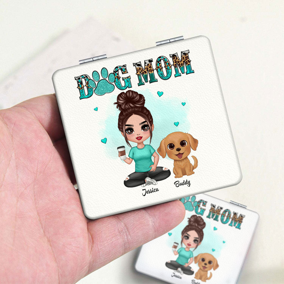 Watercolor Cute Dogs Teal And Leopard Dog Mom Personalized Square Compact Mirror