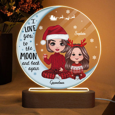 Doll Grandma & Grandkid On Moon Christmas Gift Personalized Circle Acrylic Plaque With LED Night Light