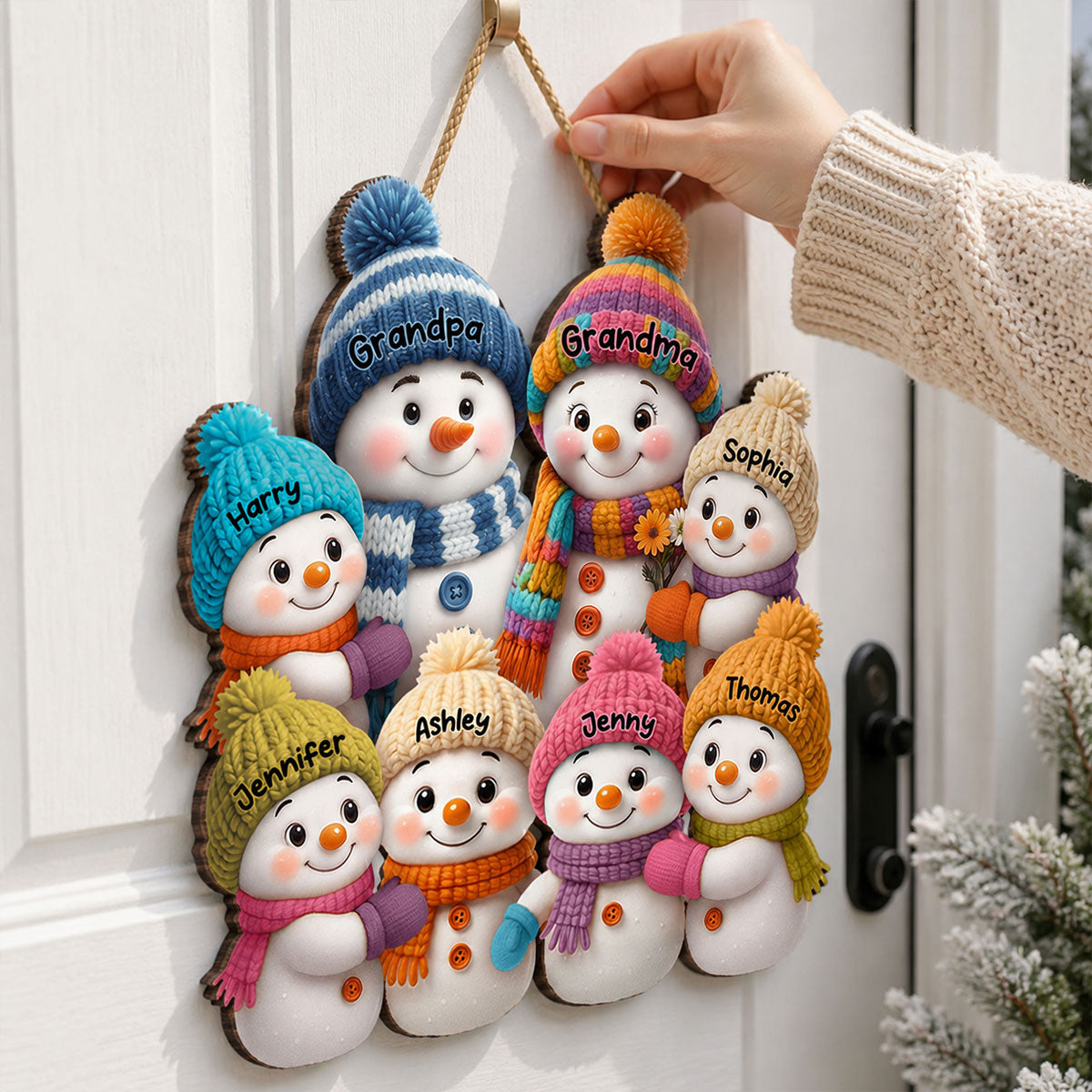 Snowman Grandparents and Grandkids - Personalized Wooden Door Sign - Cozy Christmas Decor for Grandparents
