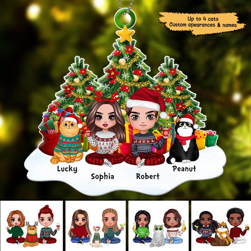 Doll Couple And Fluffy Cats Sitting On Snow Christmas Tree Personalized Acrylic Ornament